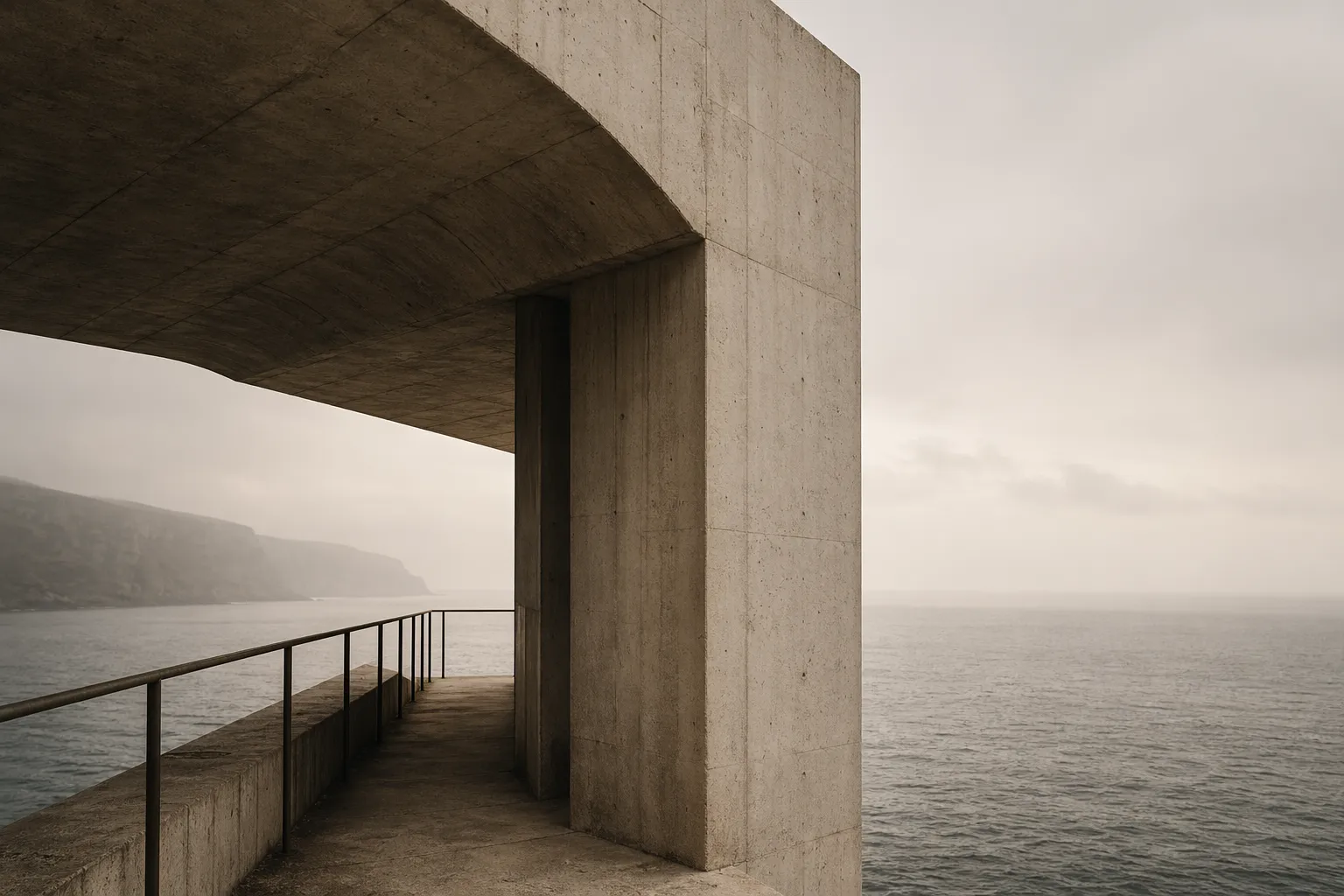 A restrained concrete overhang beside a calm sea.