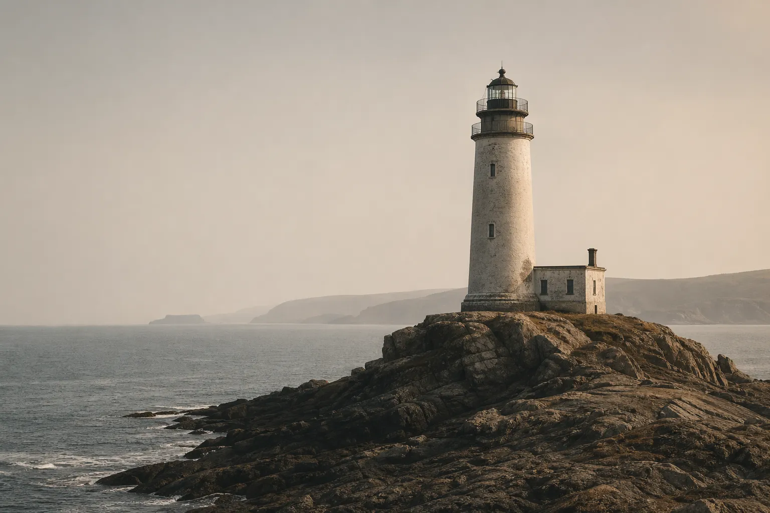 A solitary lighthouse on a rocky coastline.