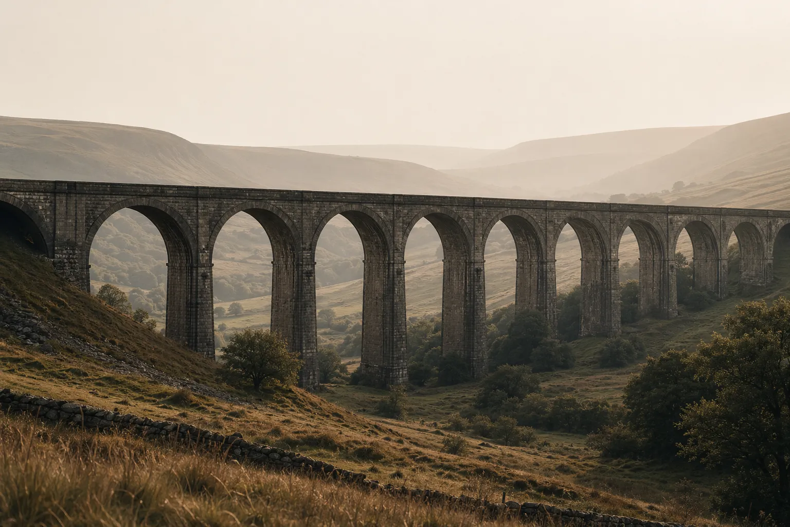 A long stone viaduct crossing a quiet valley.
