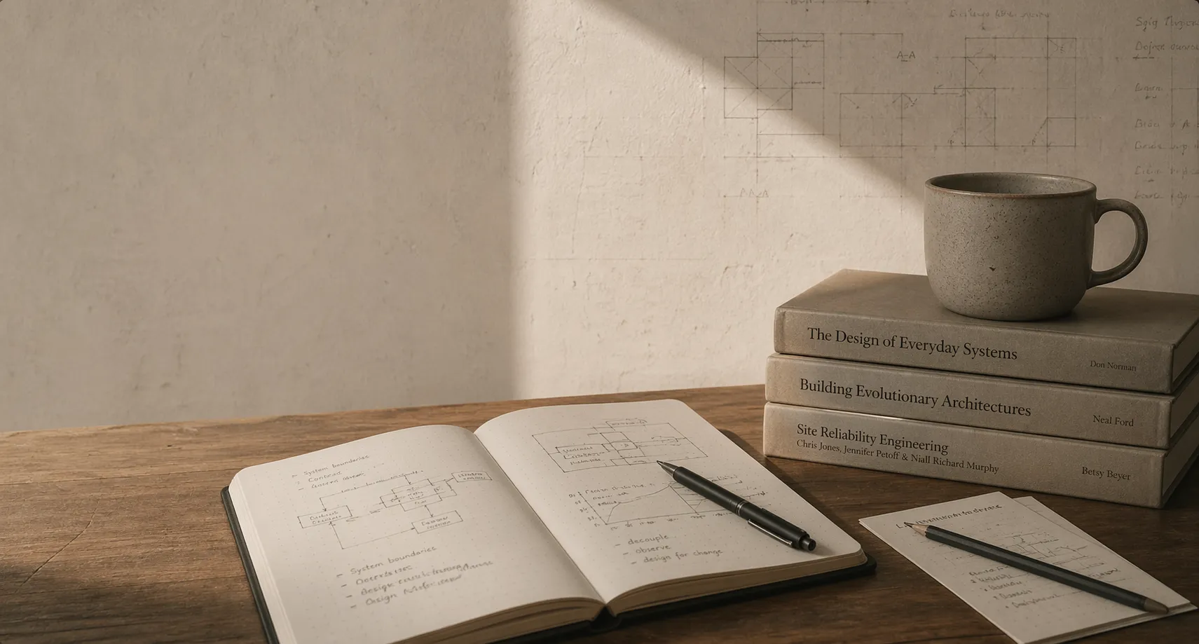 An open notebook with system sketches beside a stack of engineering books and a ceramic coffee cup in warm daylight.