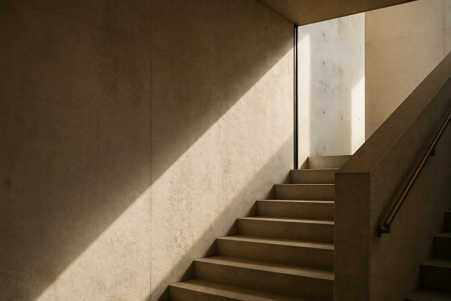 A quiet concrete stairwell with warm daylight creating strong geometric shadows.